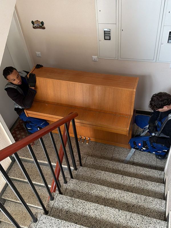 Zwei Kollegen tragen ein Klavier mit Tragegurten die Treppe hinab