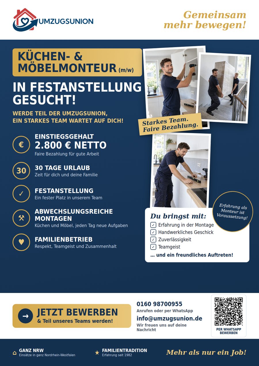 Jobflyer der Umzugsunion: Küchen- und Möbelmonteur in Festanstellung mit 30 Tagen Urlaub